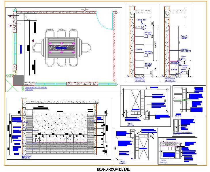 Meeting Room Design CAD- Layout, Wall Paneling, and Storage